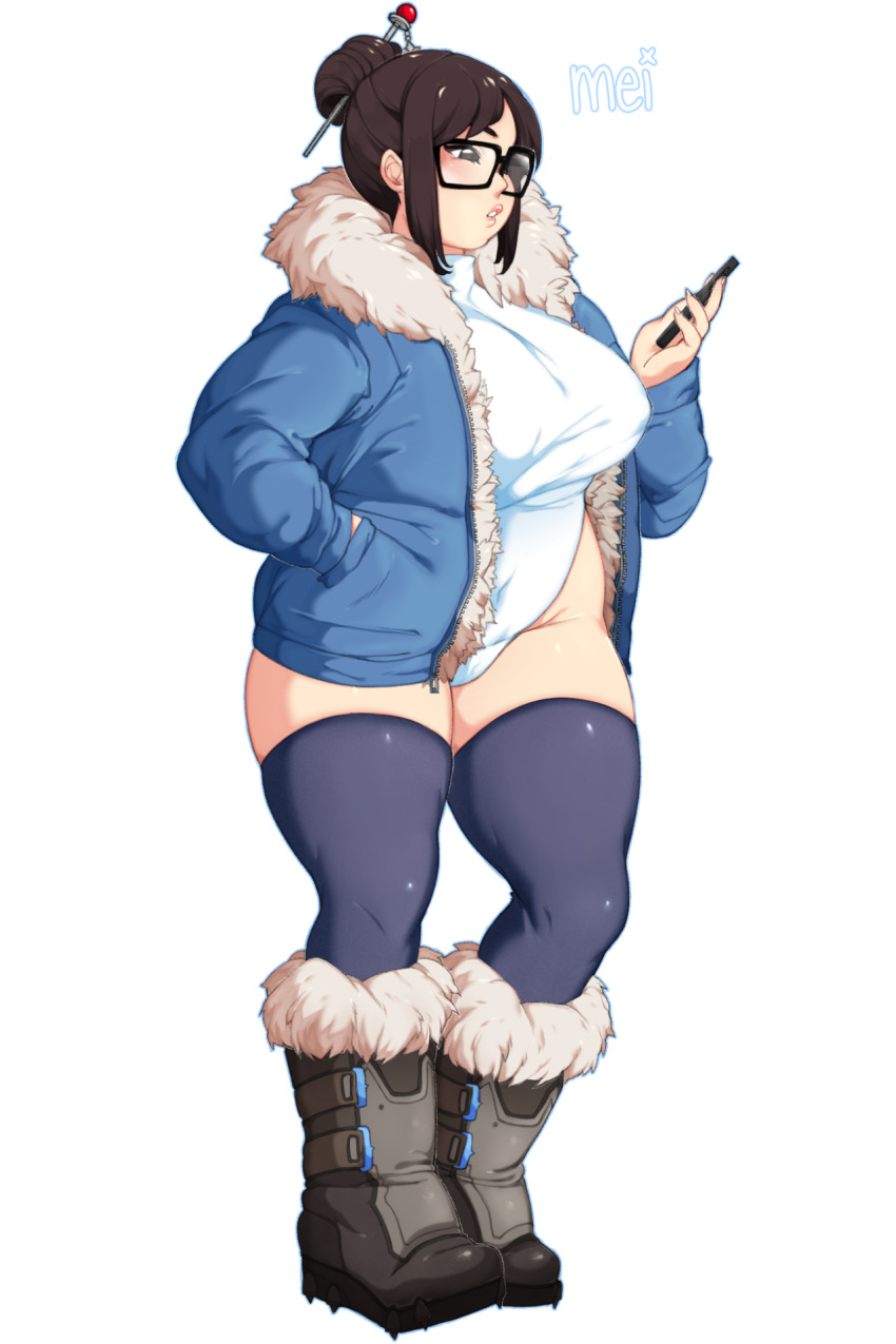 1girl brown_hair cellphone fur_coat glasses hair_bun hair_ornament hairpin highres koitonic leotard mei_(overwatch) overwatch phone plump smartphone snow_boots solo thigh-highs