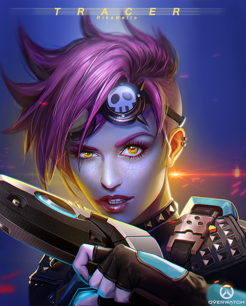 1girl alternate_costume alternate_hair_color artist_name backlighting black_nails clenched_teeth copyright_name ear_piercing eyelashes fingerless_gloves freckles gloves goggles gun handgun highres lips lipstick makeup nail_polish nose overwatch parted_lips piercing pink_hair pistol portrait punk_tracer purple_background realistic rikamello short_hair signature solo spiky_hair teeth tracer_(overwatch) weapon