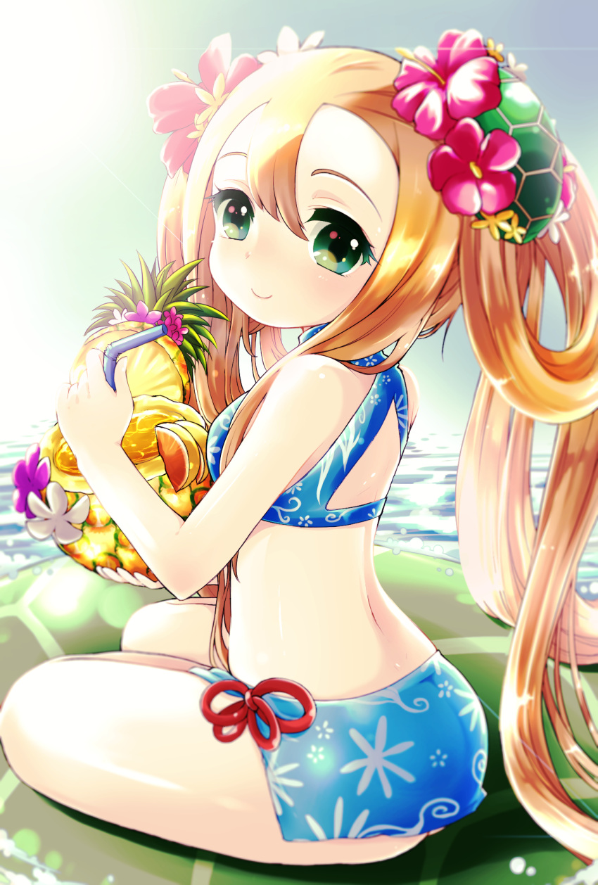 1girl bikini blonde_hair flower food fruit green_eyes hair_flower hair_ornament hair_rings highres long_hair meimei_(p&amp;d) pikomarie pineapple puzzle_&amp;_dragons sitting smile solo straw swimsuit turtle_shell very_long_hair water