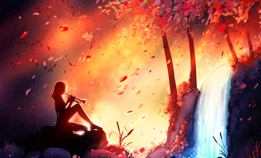 1girl autumn autumn_leaves backlighting falling_leaves forest from_side full_body highres instrument music nature original outdoors plant playing_instrument rock ryky scenery shoes short_hair silhouette sitting solo tree trumpet water waterfall