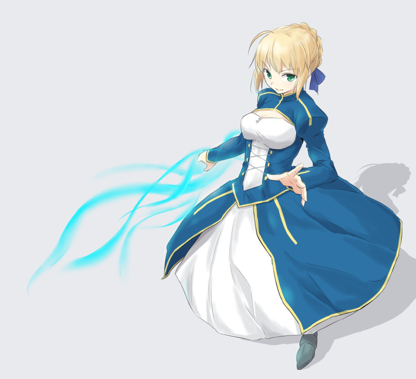 1girl ahoge blonde_hair blouse blue_skirt bow braid breasts closed_mouth commentary_request dress fate/stay_night fate/zero fate_(series) french_braid green_eyes grey_background hair_bow highres invisible_air kodera_ju looking_at_viewer magic medium_breasts saber simple_background skirt solo white_blouse