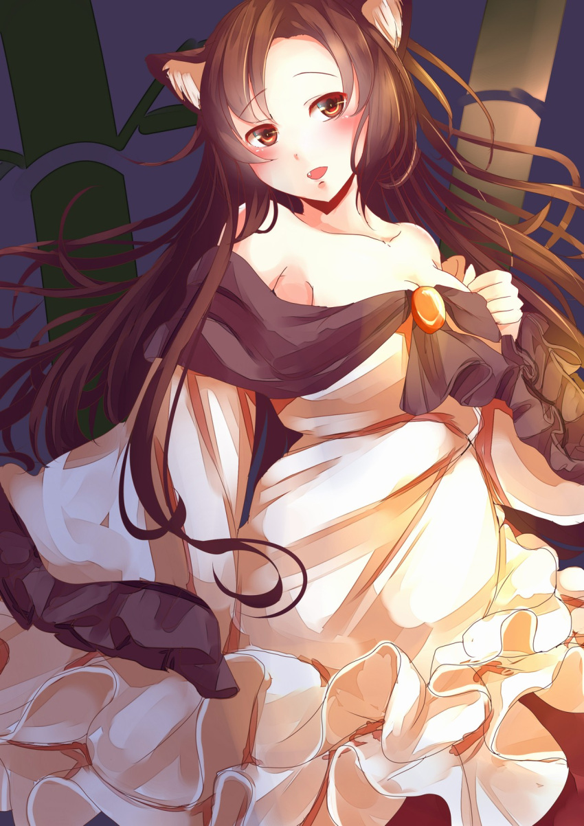 1girl animal_ears bamboo bamboo_forest blush breasts brooch brown_hair cleavage collarbone dress fang forest highres imaizumi_kagerou jewelry kanzakietc long_sleeves looking_at_viewer nature open_mouth red_eyes solo touhou wide_sleeves wolf_ears