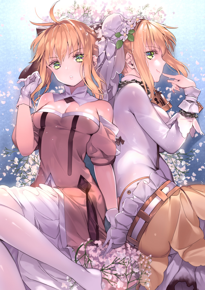 2girls :o absurdres ahoge arm_at_side bangs bare_shoulders belt black_ribbon blonde_hair blue_background bodysuit breasts bun_cover burnt_clothes chain cherry_blossoms cleavage closed_mouth detached_collar dress eyebrows eyebrows_visible_through_hair eyelashes fate/extra fate/extra_ccc fate/unlimited_codes fate_(series) finger_to_mouth floral_background flower gloves green_eyes hair_between_eyes hair_bun hair_flower hair_ornament hair_ribbon highres leaf lock looking_at_viewer lying medium_breasts multiple_girls off-shoulder_dress off_shoulder on_back on_side padlock pantyhose petals pointing pointing_at_self profile ribbon rozer saber saber_bride saber_extra saber_lily sidelocks smile veil white_flower white_gloves white_legwear