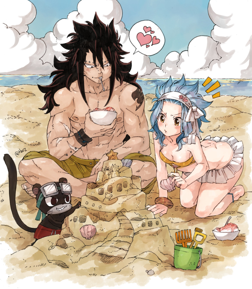 1boy 1girl beach bikini bikini_skirt black_hair blue_hair bowl breasts bucket cat cleavage fairy_tail food gajeel_redfox highres ice_cream levy_mcgarden pantherlily rusky sand sand_castle sand_sculpture seashell shell spiky_hair swimsuit