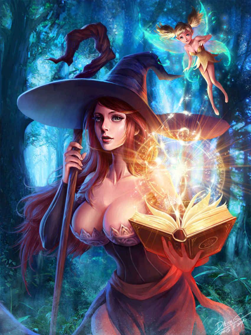 2015 2girls artist_name book breasts cleavage dannis dragon's_crown fairy forest hat highres holding holding_book holding_staff large_breasts looking_at_viewer magic multiple_girls nature open_book outdoors purple_hat sorceress_(dragon's_crown) staff standing witch witch_hat