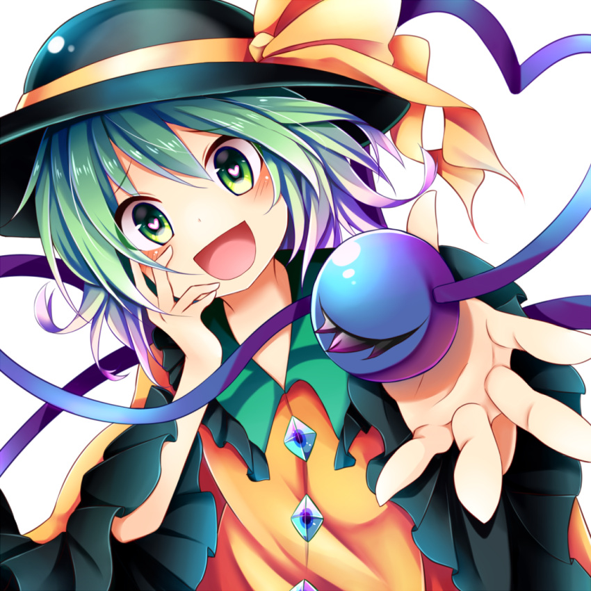 1girl :d blouse chikuwa_savi dutch_angle foreshortening green_eyes green_hair hand_on_own_cheek hat heart heart-shaped_pupils komeiji_koishi long_sleeves looking_at_viewer open_mouth outstretched_hand short_hair smile solo symbol-shaped_pupils third_eye touhou