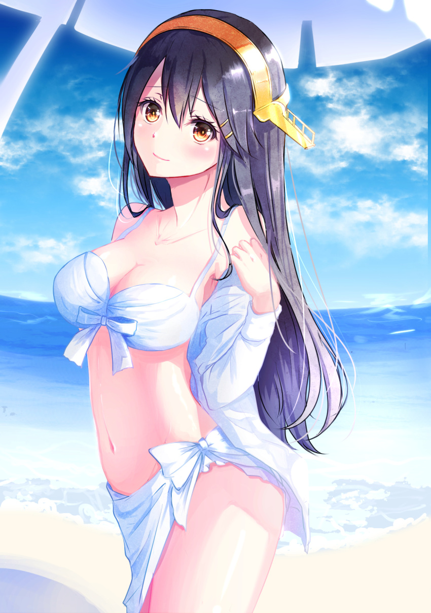 1girl alternate_costume bare_shoulders beach beach_umbrella bikini black_hair blue_sky blush breasts brown_eyes cleavage clouds coast day from_side hair_ornament hairband hairclip haruna_(kantai_collection) head_tilt headgear highres horizon kantai_collection long_hair long_sleeves looking_at_viewer navel nekomaaro off_shoulder open_clothes open_shirt outdoors sand sarong shirt shore sky solo standing stomach swimsuit thighs umbrella very_long_hair water white_bikini white_shirt