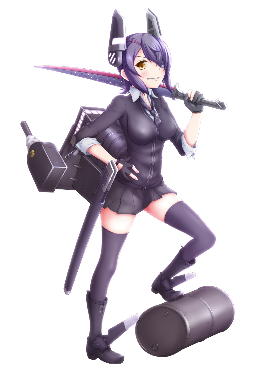 1girl absurdres black_legwear breasts checkered checkered_necktie eyepatch fingerless_gloves folded_ponytail gloves hand_on_hip headgear highres kantai_collection large_breasts looking_at_viewer miniskirt necktie partly_fingerless_gloves purple_hair school_uniform short_hair simple_background skirt smile solo sword tenryuu_(kantai_collection) thigh-highs weapon white_background yellow_eyes