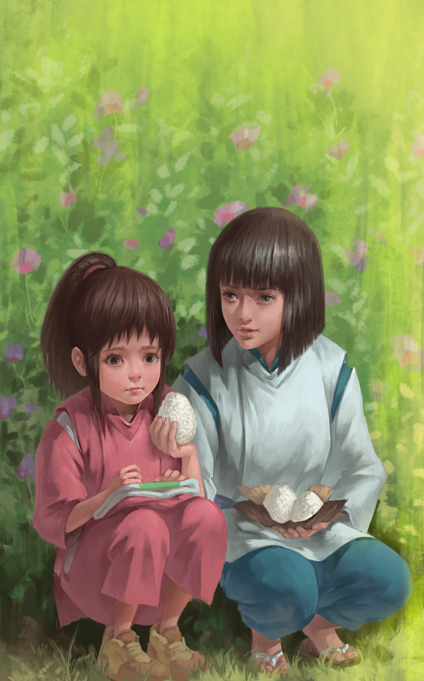 1boy 1girl alternate_hair_color bangs black_hair blunt_bangs brown_eyes brown_hair bush child closed_mouth dannis day flower food frown full_body giving grass green_eyes hair_tie hakama hakama_pants haku hands_on_lap high_ponytail highres holding holding_food japanese_clothes legs_together lips nature nose ogino_chihiro onigiri outdoors parted_lips plant ponytail realistic red_hakama rice sad sandals sen_to_chihiro_no_kamikakushi shoes short_hair side-by-side squatting tennis_shoes younger