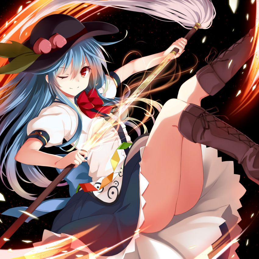 1girl ;) absurdres ass blue_hair boots bow cross-laced_footwear dress fiery_tail flat_chest food fruit glowing glowing_sword glowing_weapon highres hinanawi_tenshi knee_boots lace-up_boots layered_dress legs long_hair looking_at_viewer note_(aoiro_clip) one_eye_closed peach puffy_sleeves red_eyes sheath short_sleeves smile solo sword_of_hisou touhou unsheathing very_long_hair weapon