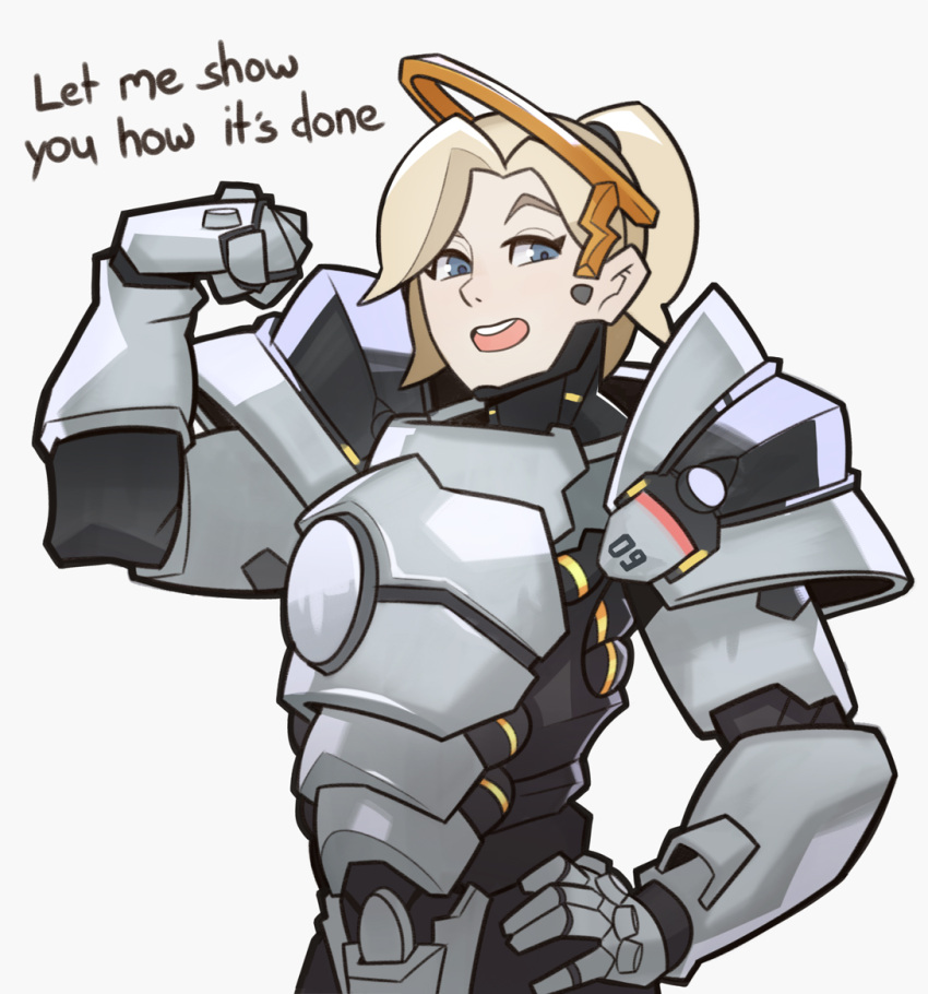 1girl armor blonde_hair blue_eyes english halo high_ponytail mechanical_halo mercy_(overwatch) overwatch ponytail reinhardt_(overwatch) reinhardt_(overwatch)_(cosplay) solo splashbrush