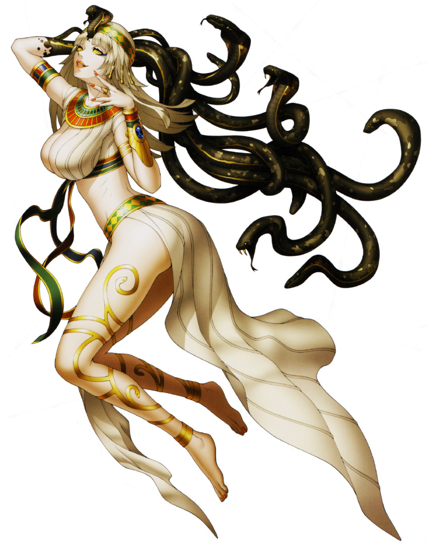 1girl blonde_hair bracelet breasts cleopatra_(megami_tensei) cobra_(animal) doi_masayuki egyptian_clothes fangs gold highres jewelry large_breasts looking_at_viewer midriff nail_polish official_art revealing_clothes ring scales shin_megami_tensei shin_megami_tensei_iv shin_megami_tensei_iv_final snake solo yellow_eyes yellow_sclera