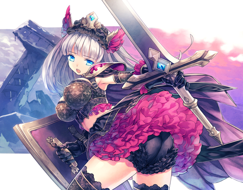 1girl :o armpits ass bangs black_gloves black_legwear black_panties bloomers blue_eyes breasts broadsword buckle bustier cowboy_shot crop_top detached_sleeves elbow_gloves eyebrows eyebrows_visible_through_hair fantasy frilled_panties frills from_behind gem gloves hairband hirano_katsuyuki holding holding_shield holding_sword holding_weapon lace lace_legwear large_breasts leaning_forward left-handed long_hair looking_at_viewer looking_back midriff miniskirt open_mouth original outside_border outstretched_arm panties pauldrons petticoat shield silver_hair skirt sky sleeveless solo sword thigh-highs underwear weapon