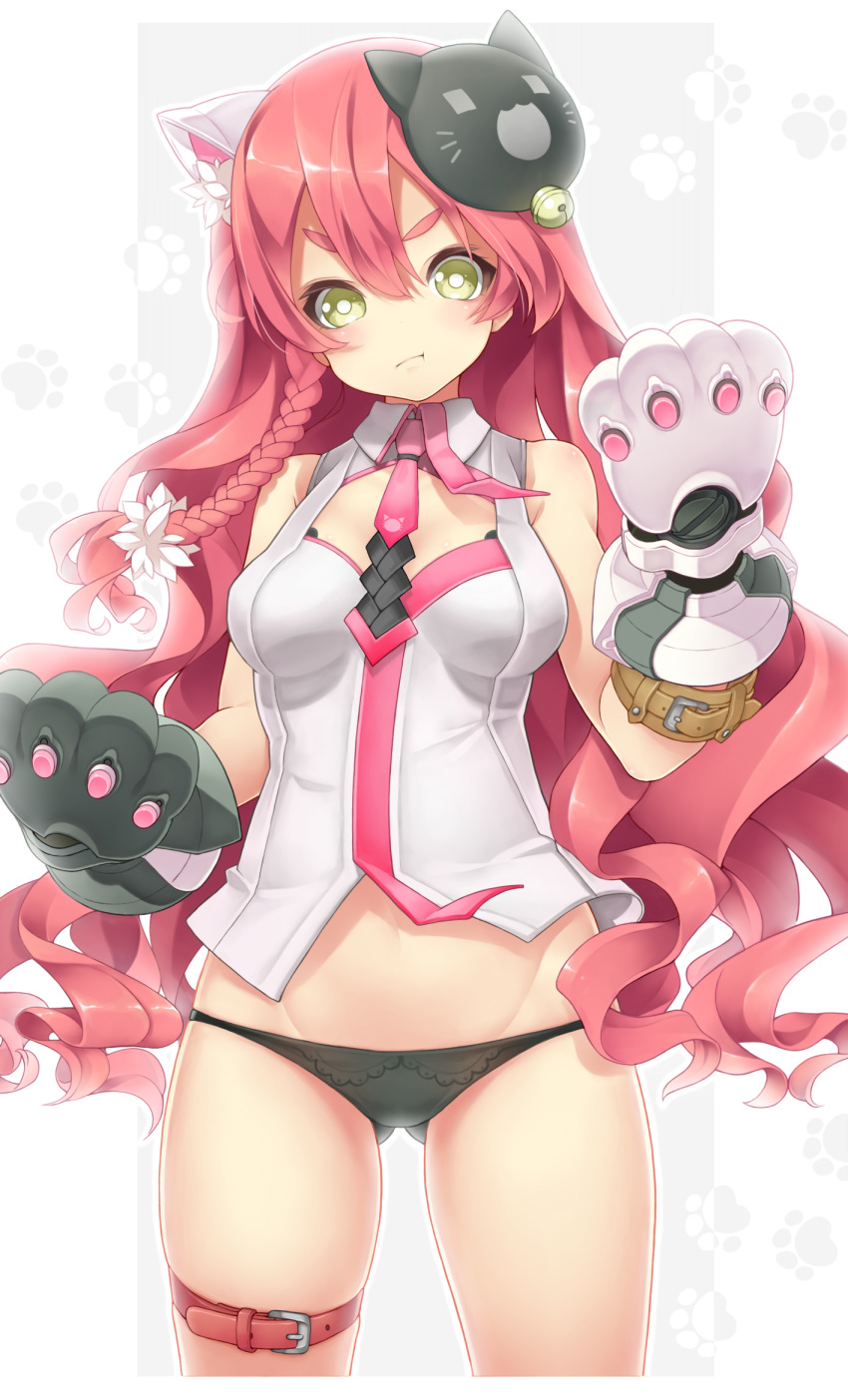 1girl :t animal_ears ass_visible_through_thighs bare_shoulders black_panties braid breasts cat_ears cat_mask eyebrows green_eyes groin head_tilt highres long_hair necktie ooki_taichi original panties paw_print paws pink_hair pink_necktie solo thick_eyebrows thigh_strap underwear very_long_hair white_background wing_collar