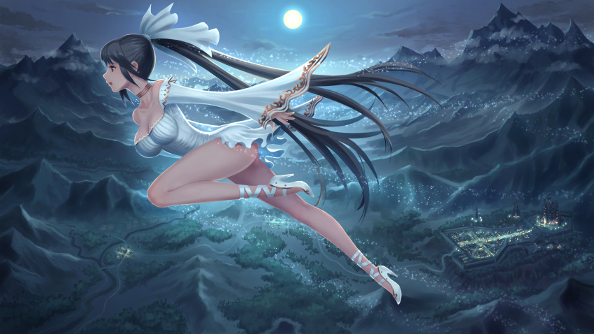 1girl black_hair breasts castle choker city cleavage clouds fantasy flying full_body full_moon high_heels highres long_hair medium_breasts moon mountain night night_sky original outdoors ponytail profile sky solo sparkle strapless very_long_hair youbou