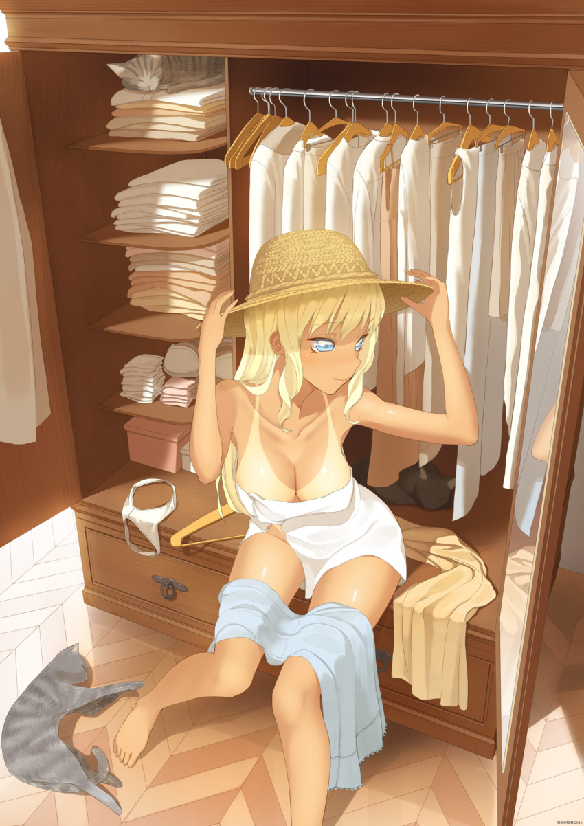 1girl 2016 artist_name blonde_hair breasts cat cleavage closed_mouth closet clothes_hanger collarbone eyebrows eyebrows_visible_through_hair groin hand_on_headwear hat highres long_hair mirror number original panties panties_removed reflection sitting solo tan tanline throtem underwear undressing white_panties
