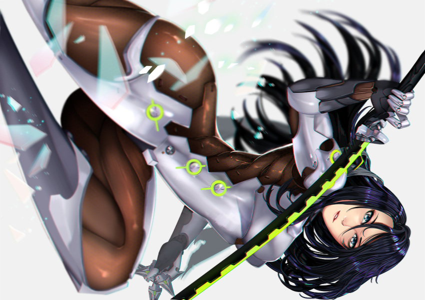 1girl armor ass black_hair blue_eyes dutch_angle female genderswap genderswap_(mtf) genji_(overwatch) katana knife long_hair looking_at_viewer overwatch parted_lips shei99 skin_tight solo sword throwing_knife weapon white_background