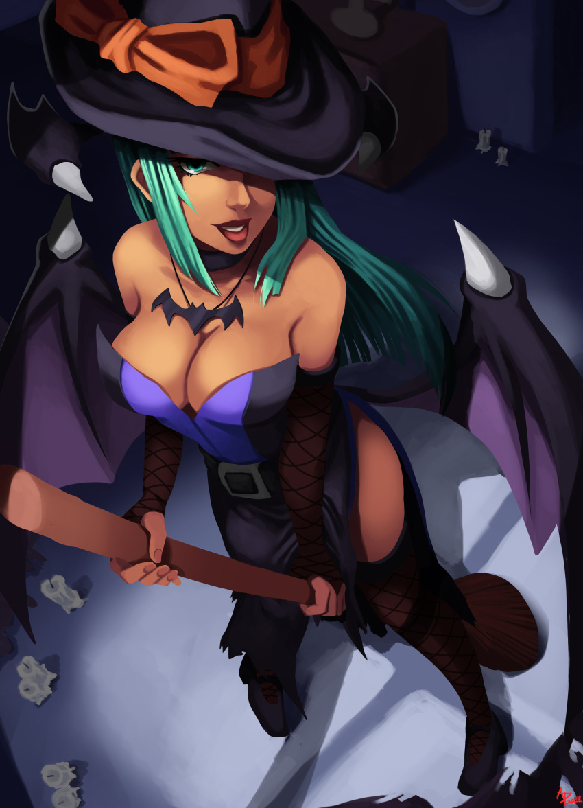 1girl absurdres andre_parcesepe bare_shoulders bat_wings breasts bridal_gauntlets broom broom_riding choker cleavage commentary demon_girl fishnet_legwear fishnets from_above green_eyes green_hair halloween hat hat_over_one_eye head_wings highres jewelry large_breasts lips long_skirt low_wings morrigan_aensland necklace pigeon-toed side_slit skirt solo succubus thigh-highs vampire_(game) wings witch witch_hat