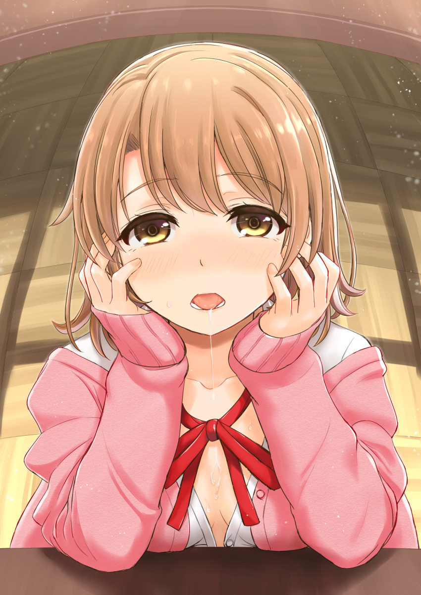 1girl bangs blush breasts brown_eyes brown_hair cardigan collarbone drooling elbow_rest eyebrows eyebrows_visible_through_hair eyelashes hair_between_eyes highres inanaki_shiki indoors isshiki_iroha light_particles long_sleeves looking_at_viewer neck_ribbon open_cardigan open_clothes open_mouth red_ribbon ribbon saliva shade shirt short_hair sleeves_past_wrists small_breasts solo tongue unbuttoned unbuttoned_shirt upper_body white_shirt yahari_ore_no_seishun_lovecome_wa_machigatteiru. yellow_eyes