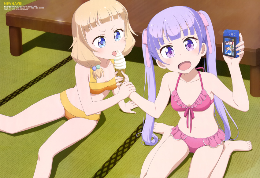 2girls :d absurdres amasaki_manamu arm_grab arm_support barefoot bikini blonde_hair blue_eyes blush brown_hair camera collarbone copyright_name eyebrows eyebrows_visible_through_hair food frilled_bikini frills hair_bobbles hair_ornament halterneck head_tilt highres holding holding_camera holding_food ice_cream lavender_hair licking long_hair looking_at_viewer multiple_girls navel new_game! official_art open_mouth outstretched_arm pink_bikini ponytail red_swimsuit sakura_nene shinoda_hajime sitting smile soft_serve standing suzukaze_aoba swimsuit table takimoto_hifumi tatami tongue tongue_out twintails very_long_hair violet_eyes yellow_swimsuit
