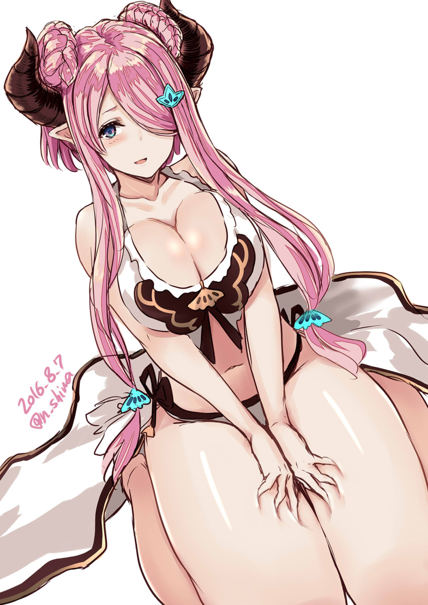 1girl alternate_costume alternate_hairstyle bikini blue_eyes braid breast_squeeze breasts cleavage dated deep_skin doraf frilled_bikini frills front-tie_top granblue_fantasy hair_ornament hair_over_one_eye hairclip highres horns large_breasts long_hair looking_at_viewer nabeshima_tetsuhiro narumeia_(granblue_fantasy) navel parted_lips pink_hair pointy_ears shadow simple_background sitting solo swimsuit thigh_grab thighs twitter_username wariza white_background