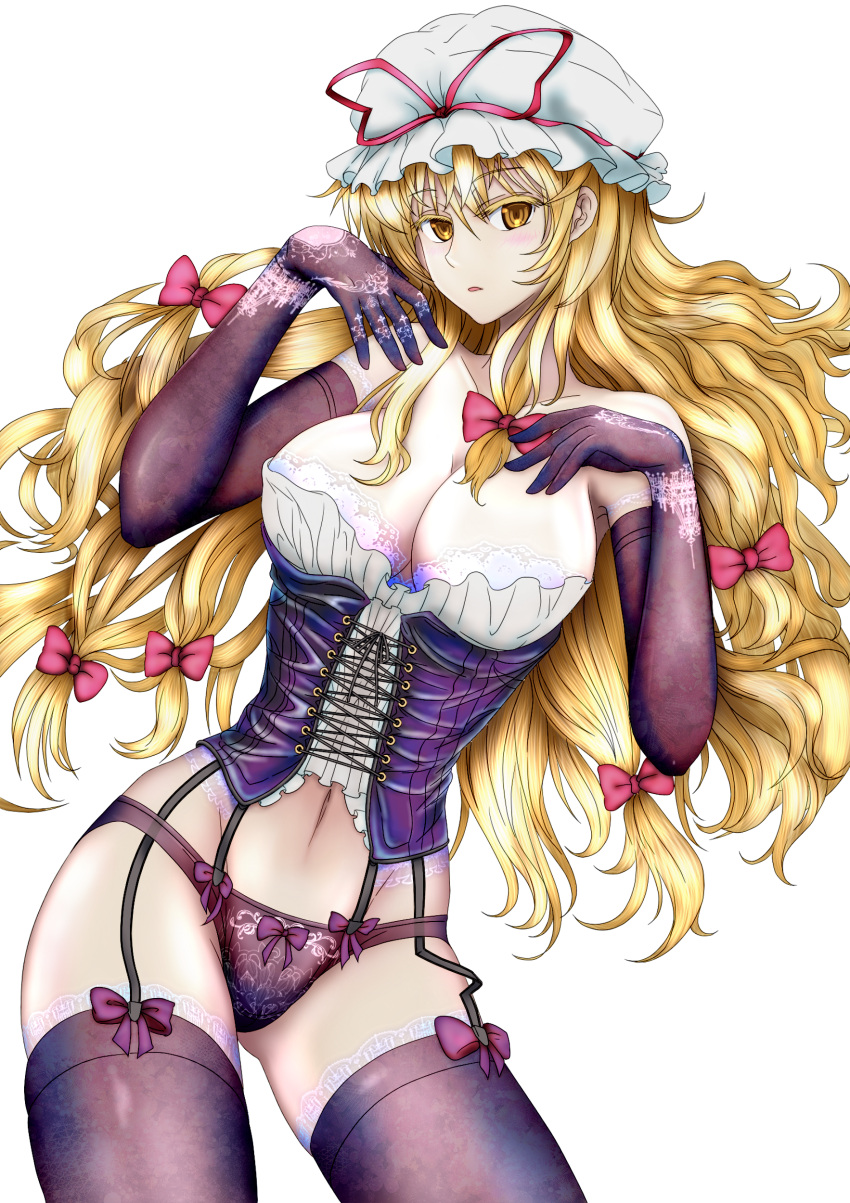 1girl absurdres blonde_hair blush bow breasts cleavage colored_eyelashes commentary_request corset cowboy_shot cross-laced_clothes ear elbow_gloves garter_straps gloves hair_bow hat highres lace lace-trimmed_gloves large_breasts long_hair looking_at_viewer mob_cap navel open_mouth panties purple_gloves purple_legwear purple_panties solo thigh-highs tk31 touhou underwear very_long_hair white_background yakumo_yukari yellow_eyes