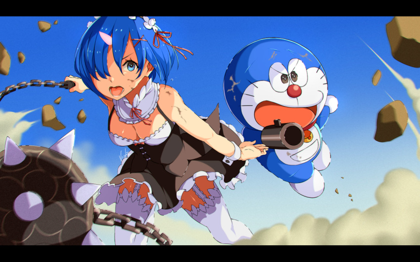 1girl action angry arm_at_side ball_and_chain bell blue_eyes blue_hair blue_sky breasts cannon cleavage commentary crossover detached_collar dirty doraemon doraemon_(character) dust dust_cloud eyelashes frills garter_straps hair_ornament hair_over_one_eye hair_ribbon hairclip holding holding_weapon horn injury jingle_bell leg_up legs_apart letterboxed looking_at_viewer looking_away maid medium_breasts midair motion_blur neck_ribbon one_eye_covered oni oni_horns open_mouth outstretched_arm re:zero_kara_hajimeru_isekai_seikatsu red_ribbon rem_(re:zero) ribbon rock scratches short_hair shouting signature sky sleeveless spikes spoilers standing standing_on_one_leg sweat thigh-highs trait_connection underbust viola_(seed) water_drop weapon white_legwear wrist_cuffs x_hair_ornament