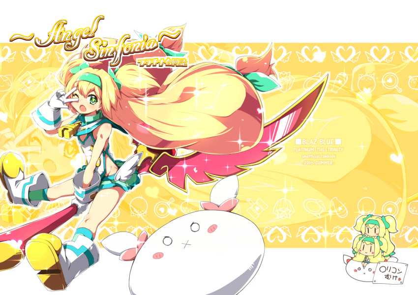 1girl :x ;d blazblue blonde_hair bow chibi gloves green_bow green_eyes hair_bow hair_intakes hairband heart heart-shaped_pupils highres kaname_nagi long_hair looking_at_viewer miniskirt muchourin o_o one_eye_closed open_mouth platinum_the_trinity quad_tails shoes skirt smile solo staff symbol-shaped_pupils twintails v white_gloves white_shoes yellow_background zoom_layer