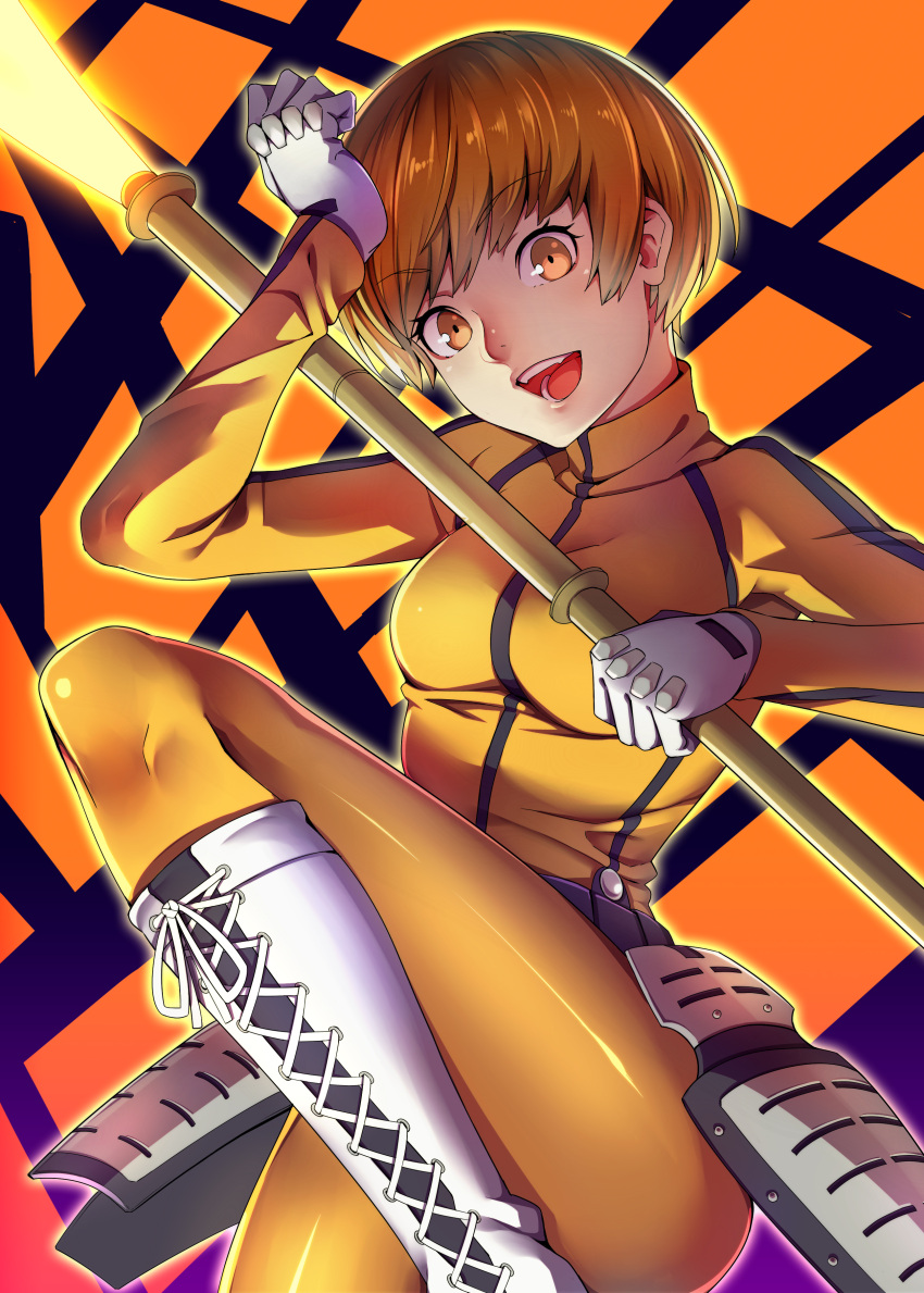 1girl absurdres brown_hair cosplay highres looking_at_viewer pantyhose persona persona_4 polearm satonaka_chie short_hair smile solo spear tomoe_(persona_4) tomoe_(persona_4)_(cosplay) weapon yuuten