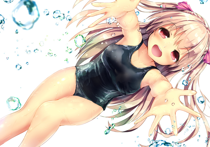 1girl afloat blonde_hair breasts highres long_hair missile228 one-piece_swimsuit open_mouth original outstretched_arms outstretched_hand red_eyes simple_background solo swimsuit two_side_up