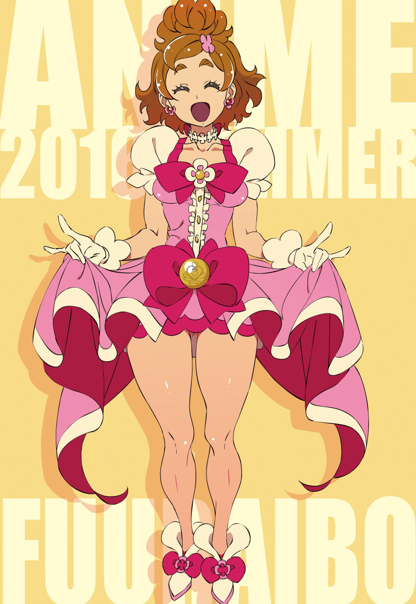 &gt;_&lt; 1girl :d absurdres artist_request ass_visible_through_thighs breasts choker closed_eyes cure_flora earrings eyebrows gloves go!_princess_precure haruno_haruka highres jewelry magical_girl open_mouth ponytail precure short_hair skirt skirt_lift small_breasts smile thick_eyebrows xd