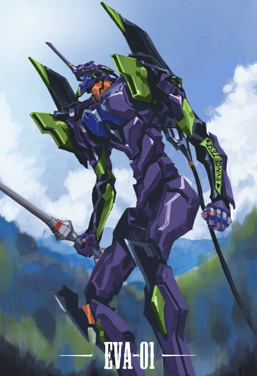 blue_sky character_name clouds dou_sen_hao_meng eva_01 highres holding holding_sword holding_weapon mecha neon_genesis_evangelion no_humans sky solo sword weapon