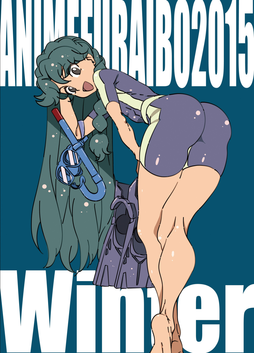 1girl absurdres alternate_costume artist_request ass bent_over brown_eyes commentary_request english flippers go!_princess_precure green_eyes highres kaidou_minami looking_at_viewer looking_back precure smile snorkel solo wetsuit