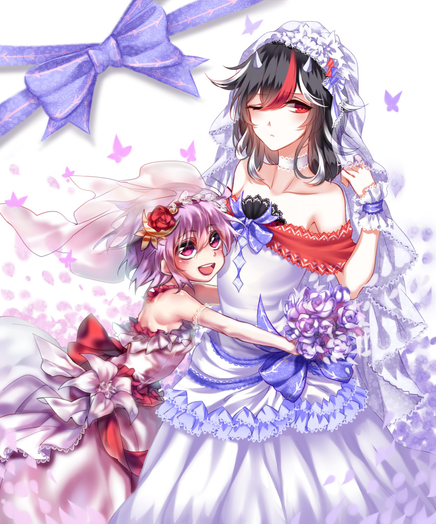 2girls :d ;( absurdres alternate_costume bare_shoulders black_hair blush bouquet bridal_veil collaboration collarbone commentary_request crescent crescent_hair_ornament dress flower hair_flower hair_ornament height_difference highres horns hug kijin_seija lace multicolored_hair multiple_girls off-shoulder_dress off_shoulder open_mouth pink_dress purple_hair red_eyes red_rose redhead rose sheya short_hair smile strapless strapless_dress streaked_hair sukuna_shinmyoumaru touhou veil violet_eyes wedding_dress white_dress white_hair wrist_cuffs yudaoshan