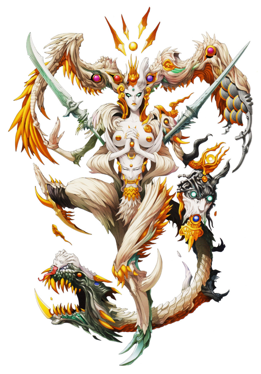 1girl angel breasts closed_eyes doi_masayuki feathers hands_together highres merkabah multiple_arms multiple_heads official_art shin_megami_tensei shin_megami_tensei_iv shin_megami_tensei_iv_final solo tail teeth tongue tongue_out wings