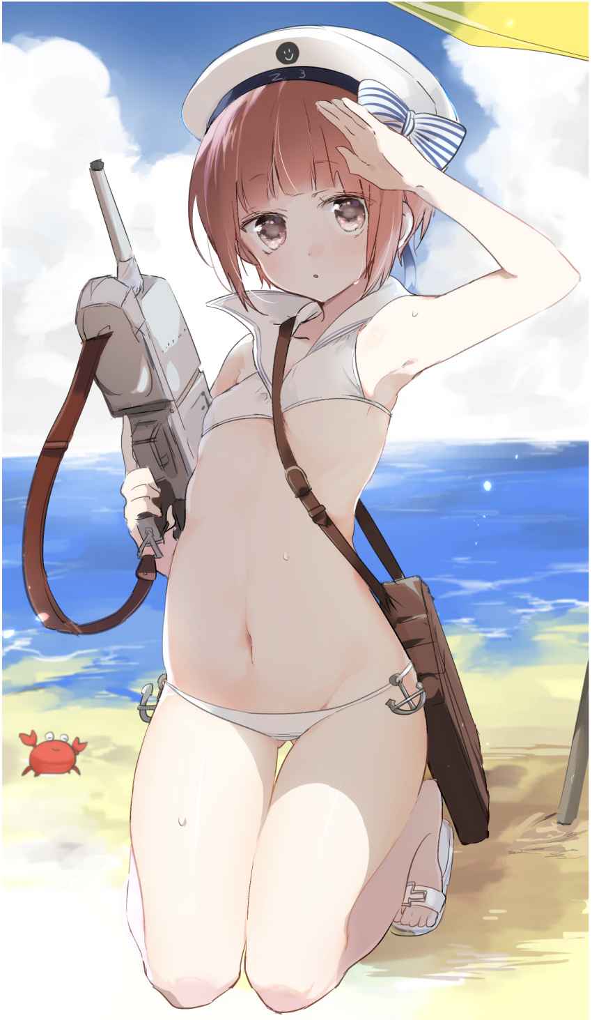 1girl animal arm_up armpits bag bangs bare_arms bare_shoulders beach blue_sky blunt_bangs bow breasts coast collarbone crab day eyebrows eyebrows_visible_through_hair gun hat hat_bow highres holding holding_gun holding_weapon horizon kantai_collection kneeling looking_at_viewer navel no_legwear outdoors sailor_hat salute sand sandals shore sino_(sionori) sky small_breasts smiley_face stomach strap_cleavage striped striped_bow summer sweatdrop thigh_gap trigger_discipline weapon white_hat z3_max_schultz_(kantai_collection)
