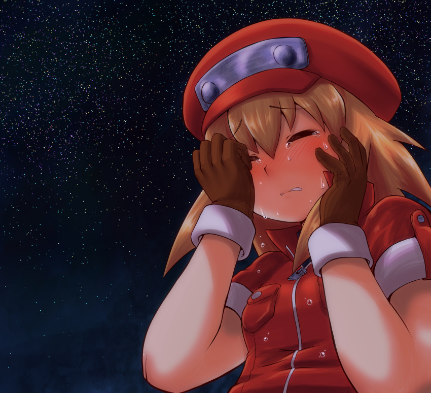1girl blonde_hair blush brown_gloves buttons closed_eyes collared_shirt crying gloves hands_on_own_face hat highres jacket long_hair m.m night night_sky pocket red_jacket rockman rockman_dash rockman_dash_3 roll_caskett shirt short_hair sky solo star_(sky) starry_sky tears upper_body zipper