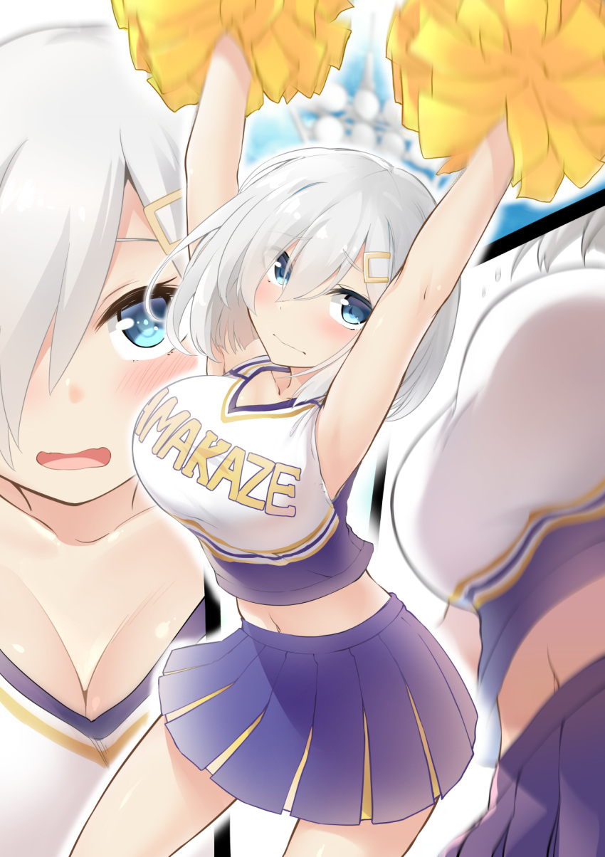1girl armpits arms_up blue_eyes blush breasts cheerleader cleavage close-up eyes_visible_through_hair hair_ornament hair_over_one_eye hairclip hamakaze_(kantai_collection) highres ishima_yuu kantai_collection large_breasts midriff motion_blur navel open_mouth pom_poms projected_inset short_hair silver_hair skirt solo wavy_mouth