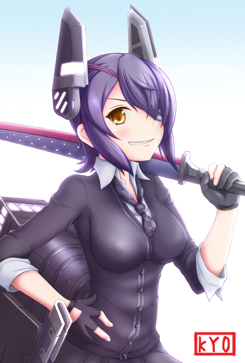 1girl breasts checkered checkered_necktie eyepatch fingerless_gloves folded_ponytail gloves hand_on_hip headgear highres kantai_collection large_breasts looking_at_viewer miniskirt necktie partly_fingerless_gloves purple_hair school_uniform short_hair skirt smile solo sword tenryuu_(kantai_collection) thigh-highs weapon yellow_eyes
