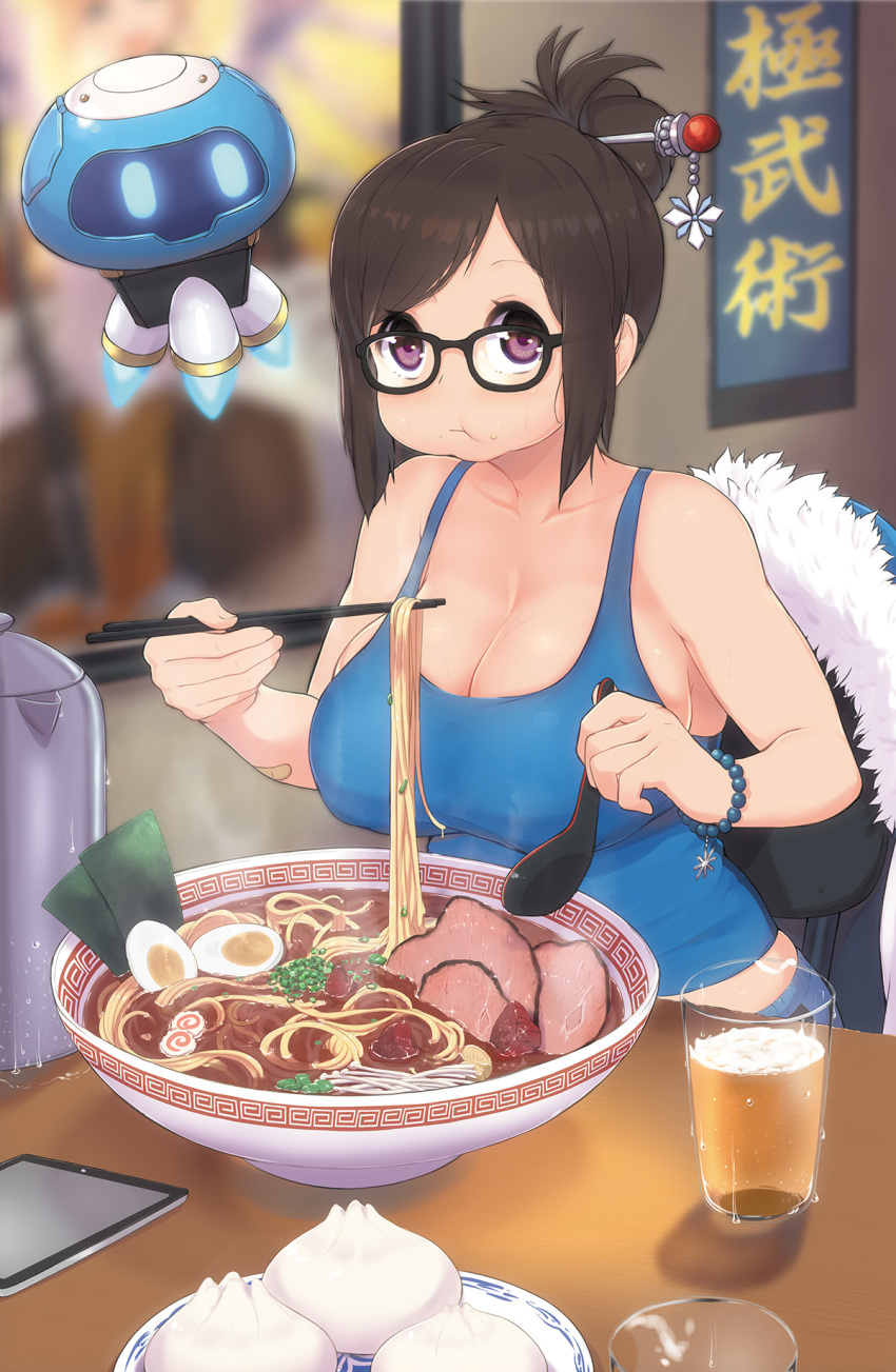1girl :t alcohol bandaid bandaid_on_arm baozi beer bowl breasts brown_hair camisole chopsticks cleavage cup drinking_glass eating egg food glasses hardboiled_egg highres holding holding_spoon huge_breasts looking_at_viewer magister_(medical_whiskey) meat mei_(overwatch) noodles overwatch ramen sitting solo spoon table tablet violet_eyes