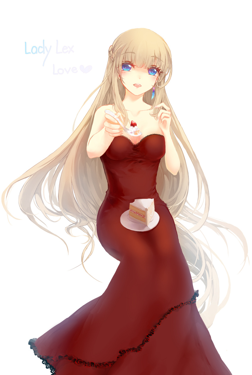 1girl absurdres blonde_hair blue_eyes blush braid breasts cake character_name cleavage crown_braid dress earrings feather_earrings food frilled_dress frills fruit fujimori_(red1992) hair_twirling heart highres jewelry large_breasts lexington_(zhan_jian_shao_nyu) long_hair looking_at_viewer open_mouth plate red_dress sidelocks simple_background single_earring sitting slice_of_cake solo spoon strapless strapless_dress strawberry very_long_hair white_background zhan_jian_shao_nyu