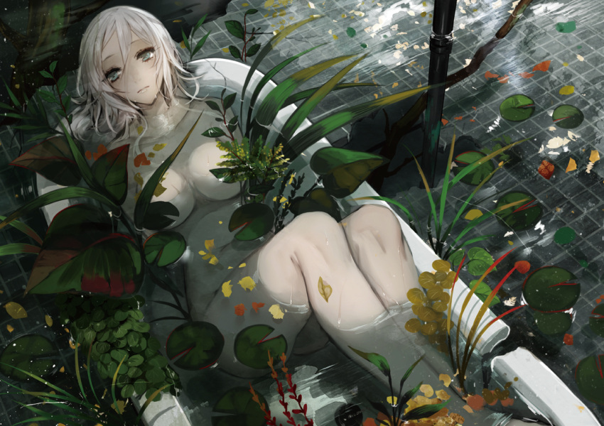 1girl apt bathtub blue_eyes breasts closed_mouth collarbone from_above hair_between_eyes lily_pad navel nude original plant sitting solo tile_floor tiles water