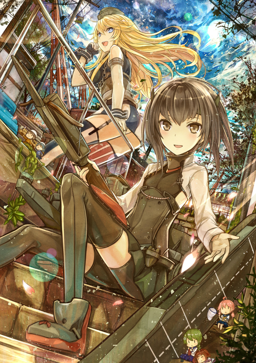 6+girls :d american_flag_legwear black_skirt blonde_hair blue_eyes blush boots bow_(weapon) brown_eyes brown_hair building butterfly_net closed_eyes crossbow dutch_angle fairy_(kantai_collection) flat_chest green_hair hand_net hat highres holding iowa_(kantai_collection) kantai_collection kazabana_fuuka leaning_against_railing lens_flare long_hair long_sleeves minigirl mismatched_legwear multiple_girls open_mouth pink_hair pleated_skirt railing short_hair sitting skirt sleeping smile stairs star_(sky) taihou_(kantai_collection) thigh-highs weapon wind wrist_cuffs |_|