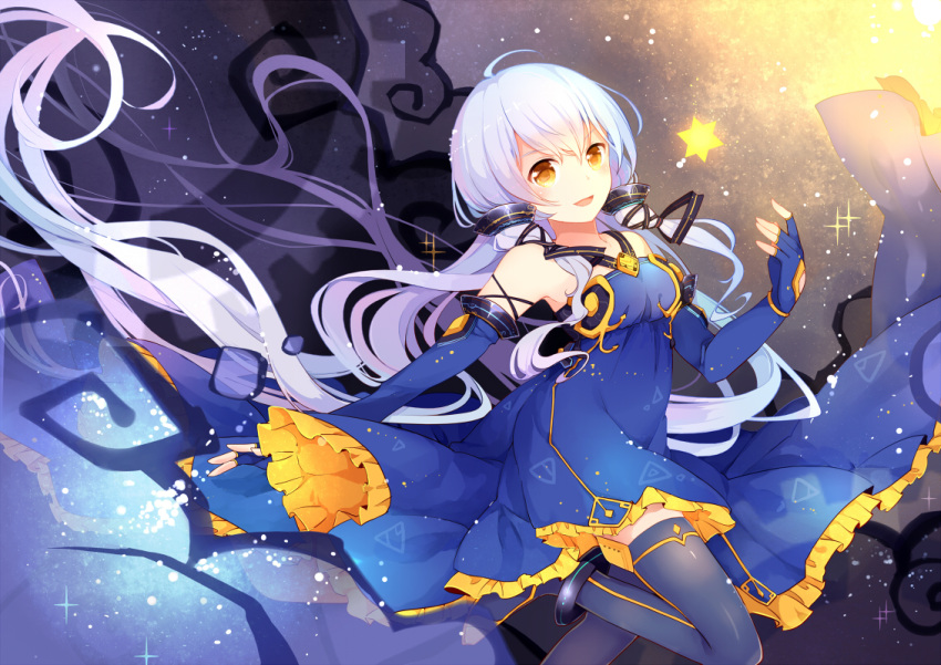 blue_hair blush brown_eyes dress gloves long_hair low_twintails stardust_(vocaloid) stars twintails vocaloid