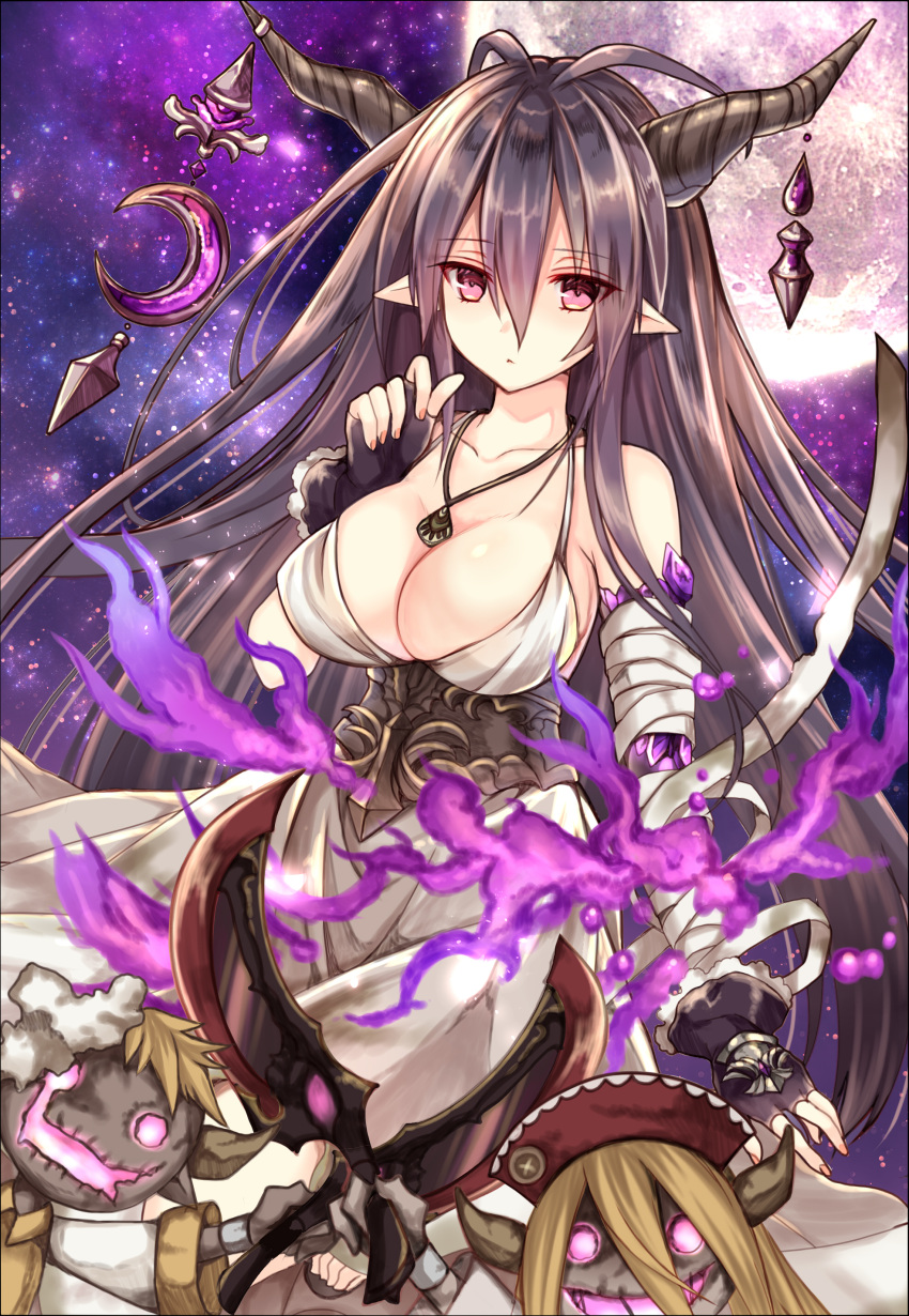 1girl absurdres antenna_hair bandaged_arm bare_shoulders black_gloves black_hair blush breasts cleavage collarbone commentary_request cowboy_shot crescent danua doraf dress fingerless_gloves full_moon gloves granblue_fantasy gretel_(granblue_fantasy) hair_between_eyes hansel_(granblue_fantasy) highres horn_ornament jewelry large_breasts long_hair looking_at_viewer moon necklace nozomi_fuuten pink_eyes pointy_ears sky solo star_(sky) starry_sky stuffed_toy twitter_username underbust white_dress