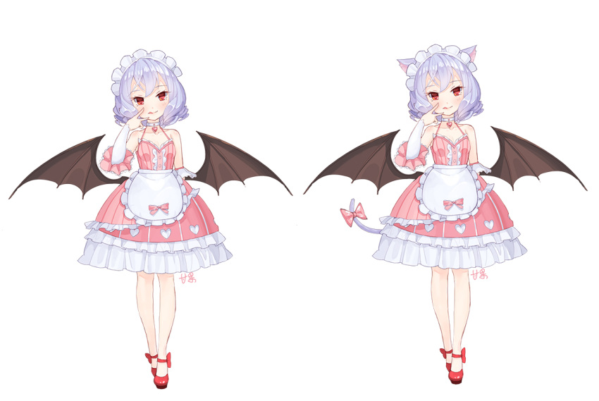 1girl alternate_costume animal_ears apron bare_legs bat_wings bow cat_ears cat_tail choker detached_sleeves dress heart kemonomimi_mode looking_at_viewer maid maid_headdress mio-muo1206 red_eyes remilia_scarlet short_hair silver_hair simple_background smile solo tail tail_bow touhou v white_background wings