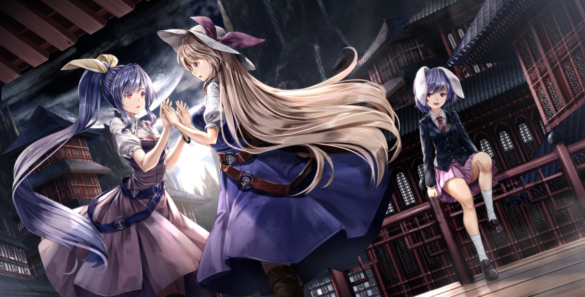 3girls animal_ears architecture belt blazer blonde_hair blue_hair boots bow breasts dutch_angle east_asian_architecture hair_bow hair_ribbon hands_together hat highres holding_hands jacket jitome knee_boots kneehighs loafers long_hair long_sleeves medium_breasts multiple_girls necktie open_mouth pink_skirt pleated_skirt ponytail purple_hair rabbit_ears red_eyes reisen ribbon ryosios shoes short_hair short_sleeves sitting skirt touhou very_long_hair watatsuki_no_toyohime watatsuki_no_yorihime white_legwear yellow_eyes