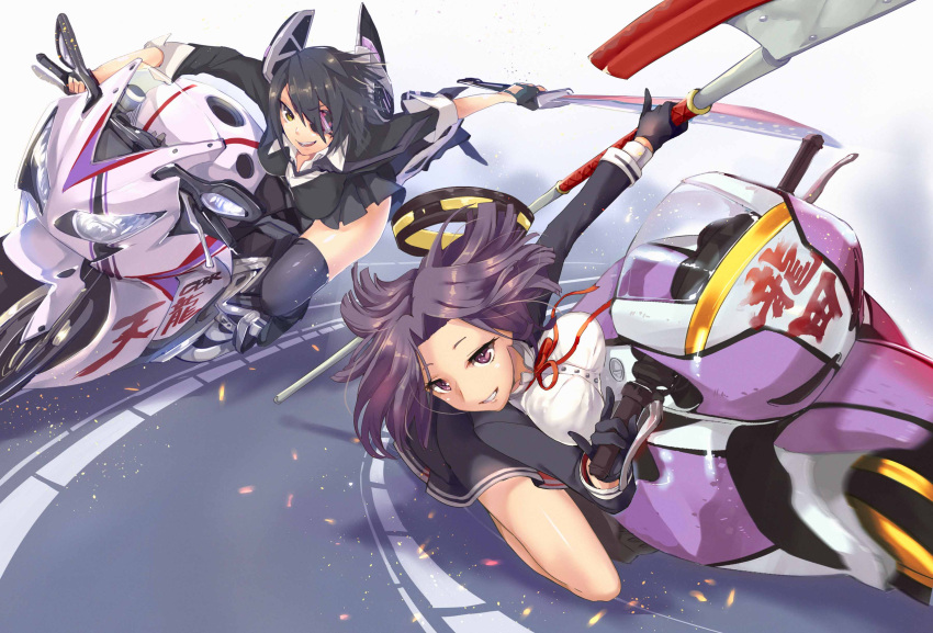 absurdres armadillo-tokage black_gloves black_hair brown_eyes checkered checkered_necktie eyepatch fingerless_gloves gloves ground_vehicle hair_intakes headgear highres holding kantai_collection looking_at_viewer mechanical_halo motor_vehicle motorcycle necktie pleated_skirt purple_hair ribbon short_hair skirt smile sparks sword tatsuta_(kantai_collection) tenryuu_(kantai_collection) thigh-highs weapon