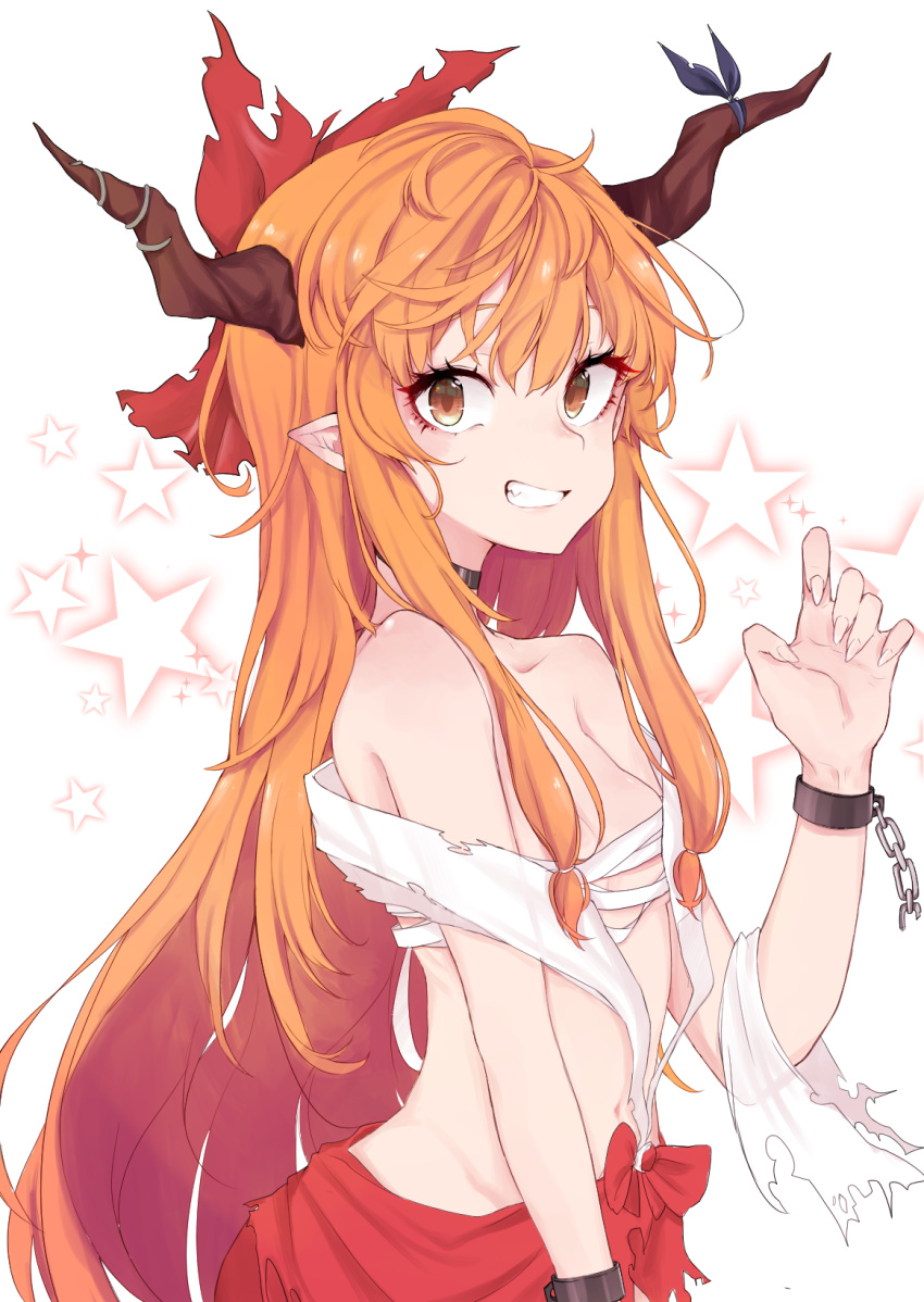 1girl bare_shoulders bow chain choker collarbone cuffs fingernails grin hair_bow highres ibuki_suika long_hair looking_at_viewer navel orange_eyes orange_hair pointy_ears red_bow saple sarashi sidelocks simple_background smile solo star teeth torn_clothes touhou upper_body very_long_hair white_background