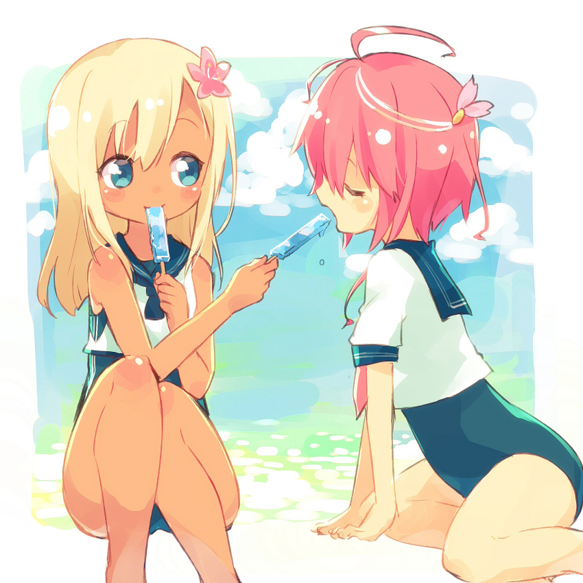 2girls ahoge ayakashi_(monkeypanch) blonde_hair blue_eyes blush closed_eyes commentary_request crop_top flower hair_flower hair_ornament highres i-58_(kantai_collection) kantai_collection multiple_girls neckerchief one-piece_tan open_mouth pink_hair popsicle ro-500_(kantai_collection) sailor_collar school_swimsuit school_uniform serafuku short_hair sitting swimsuit swimsuit_under_clothes tan tanline